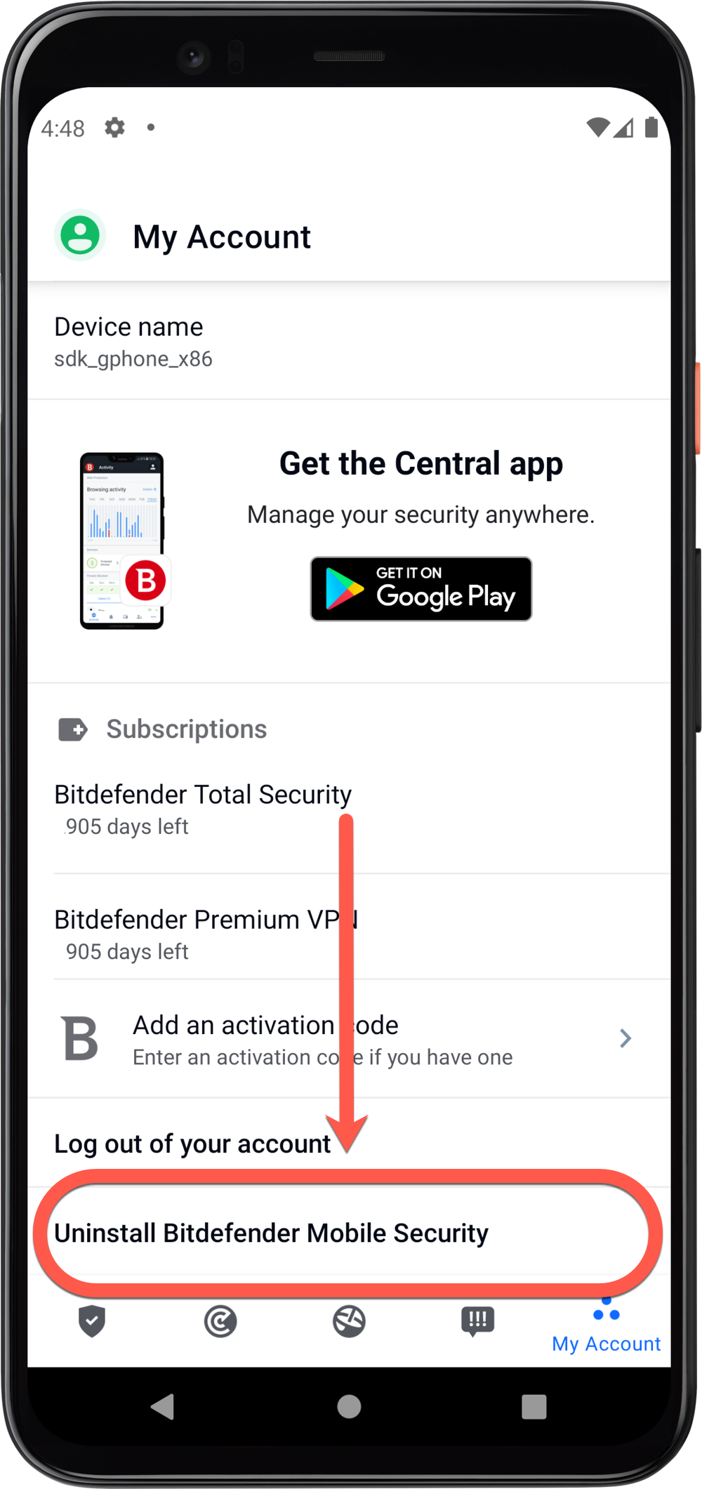 désinstaller Bitdefender Mobile Security pour Android