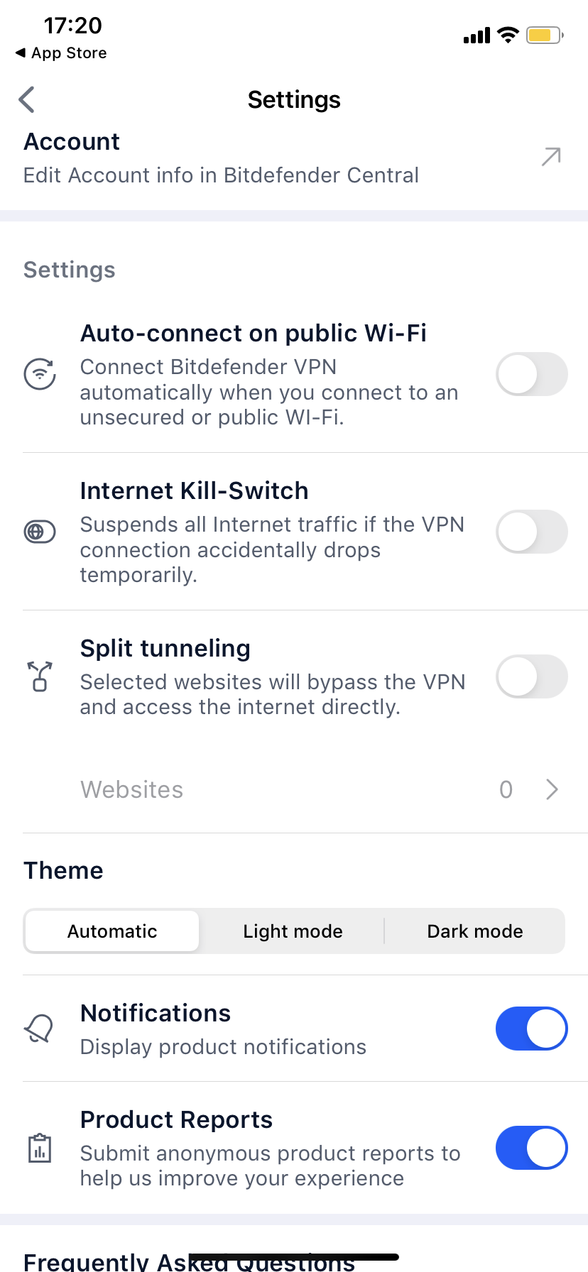 Bitdefender VPN pour iOS - Paramètres