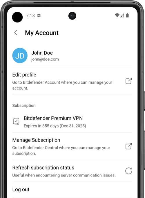Bitdefender VPN pour Android - Mon compte