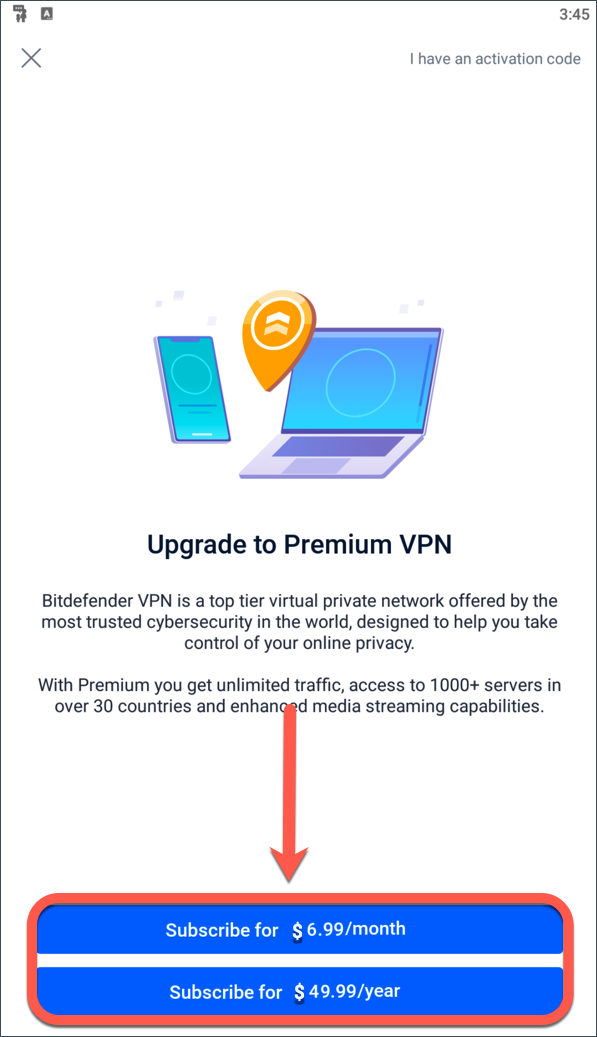 Choisir le plan d'abonnement - Bitdefender Premium VPN sur Android