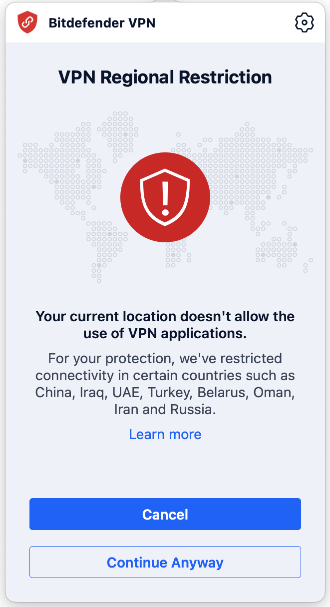 Message Bitdefender VPN : Restriction Régionale VPN