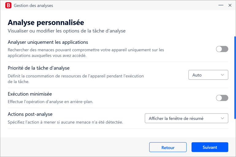 Analyse personnalisée - options