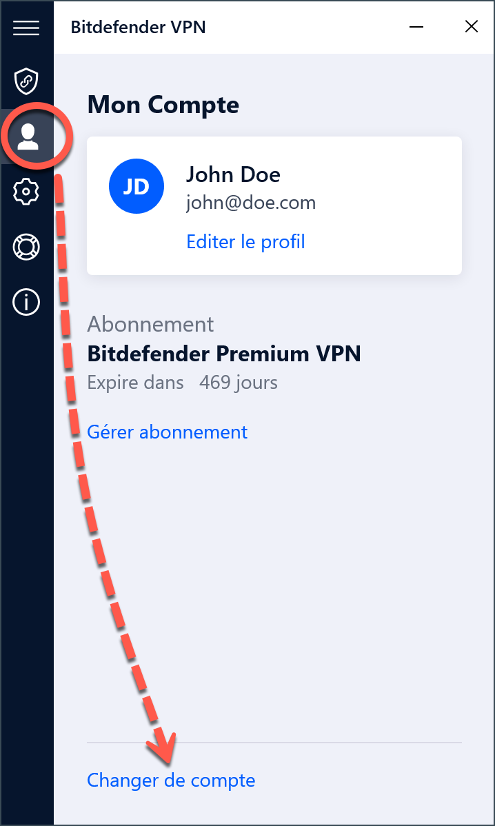 Dépannage des erreurs de connexion Bitdefender VPN sous Windows - Changer de compte