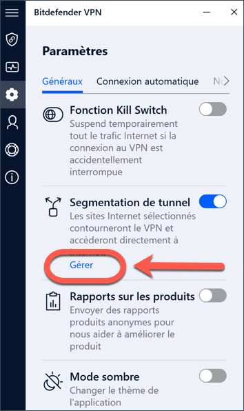 Cliquez sur Gérer si vous ne pouvez pas accéder à un site web lorsque Bitdefender VPN est actif sur Windows.