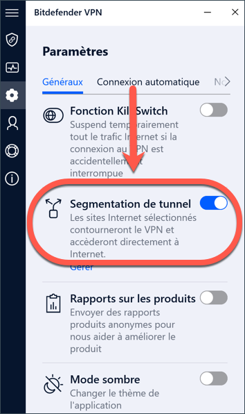 Segmentation de tunnel - utile si vous ne pouvez pas accéder à un site lorsque Bitdefender VPN est connecté.