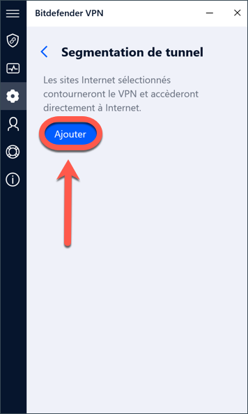 Cliquez sur Ajouter pour mettre sur la liste blanche une Appli qui ne fonctionne pas lorsque Bitdefender VPN est actif