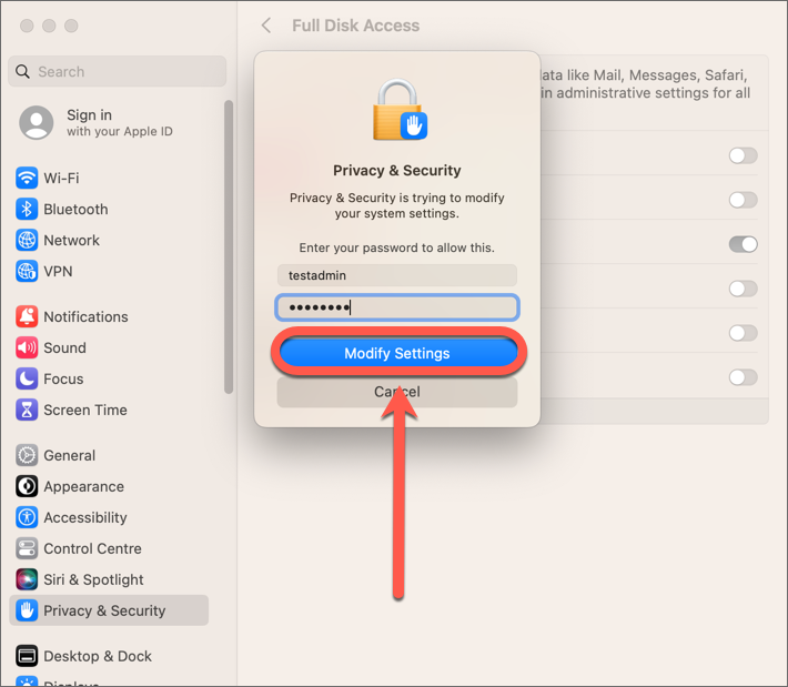Autoriser l'accès complet au disque pour Bitdefender - Venturay Settings