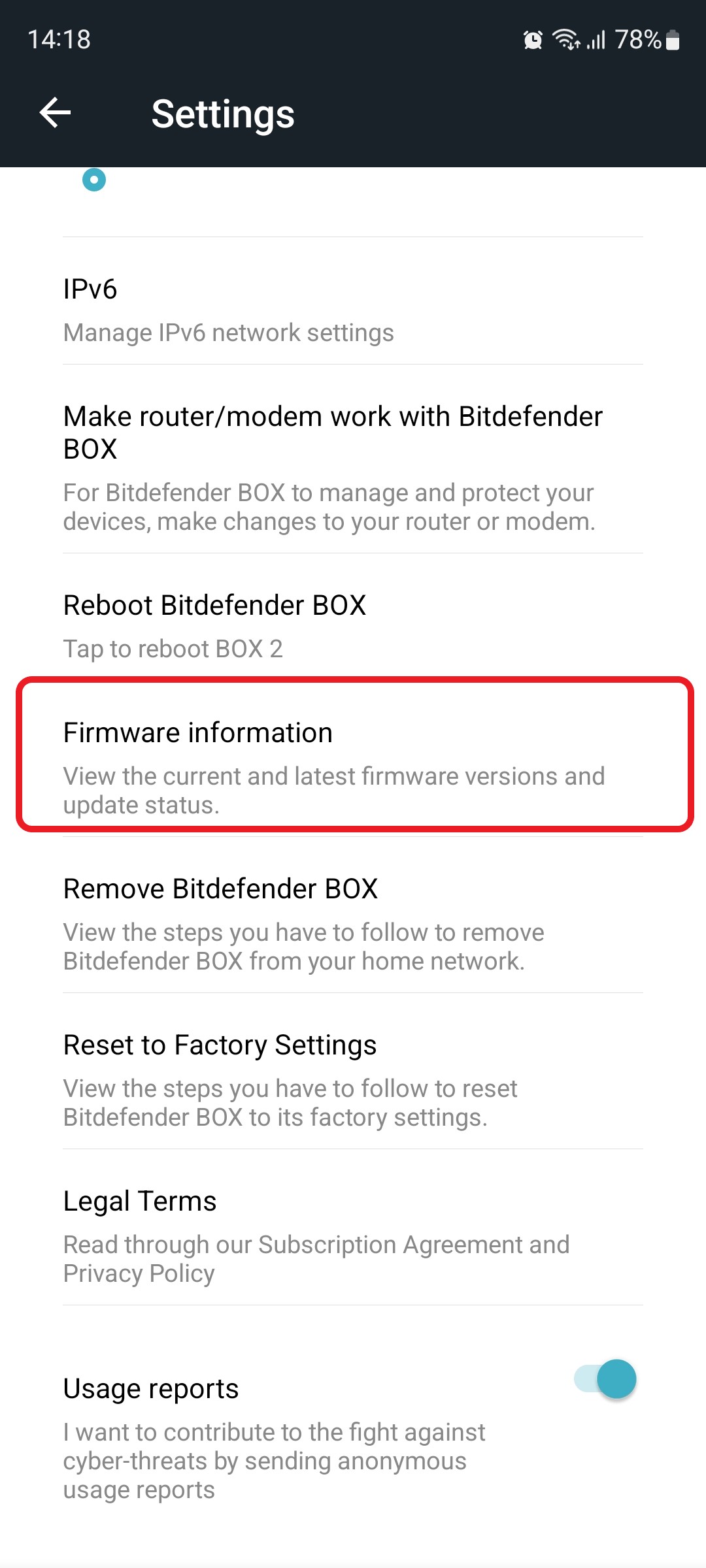 Vérifier la version firmware - Bitdefender BOX