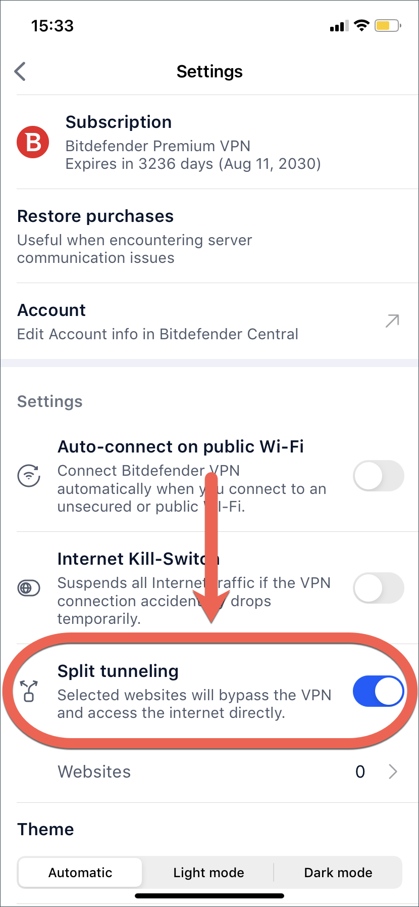 Activer le Split Tunneling dans Bitdefender VPN pour iOS.