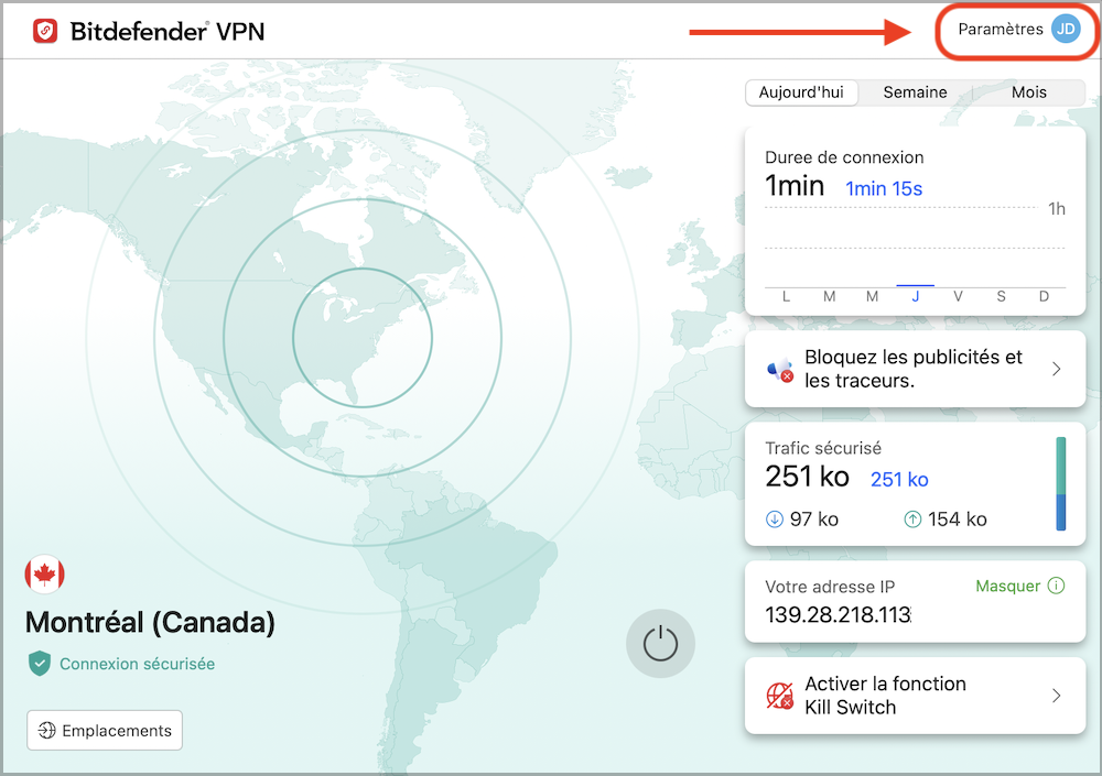 Paramètres Bitdefender VPN