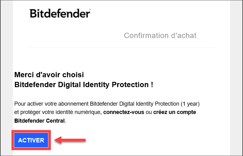 E-mail de confirmation Bitdefender Digital Identity Protection