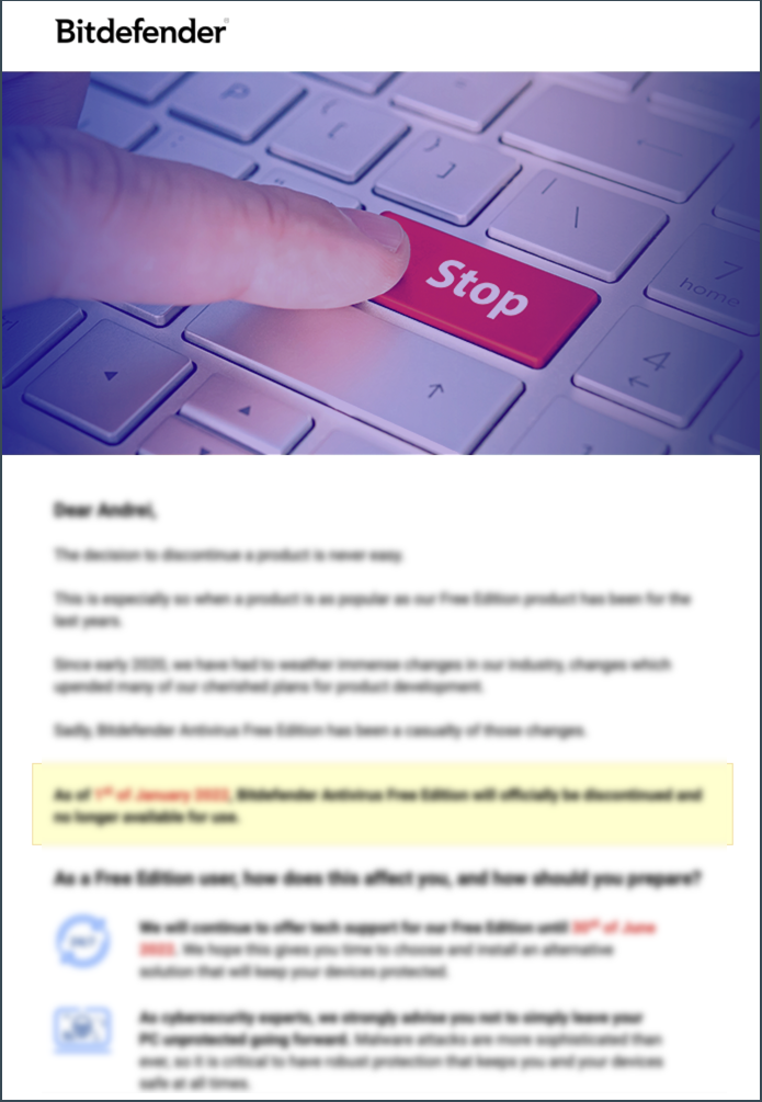 email : Bitdefender Antivirus Free Edition sera retiré en décembre 2021