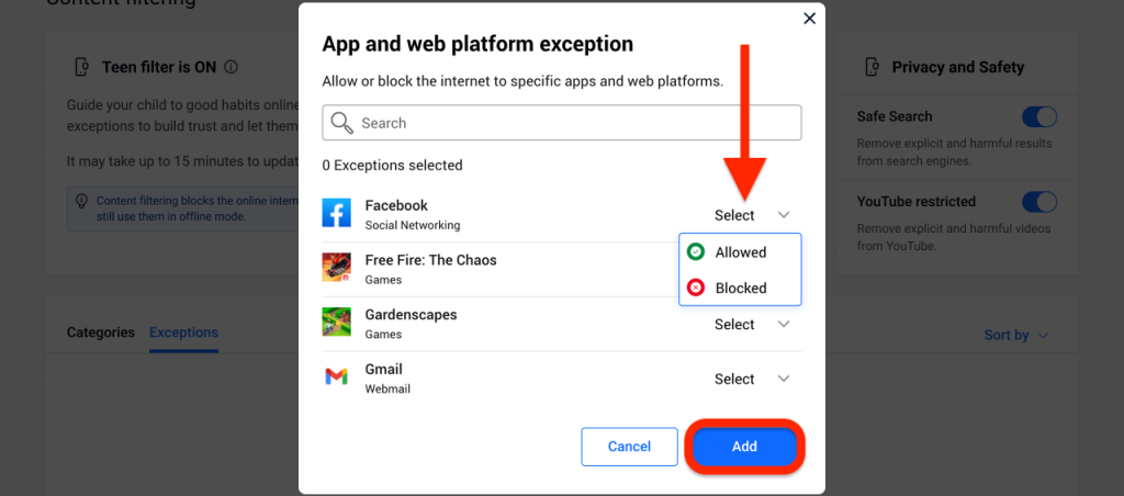 App and web platform exception