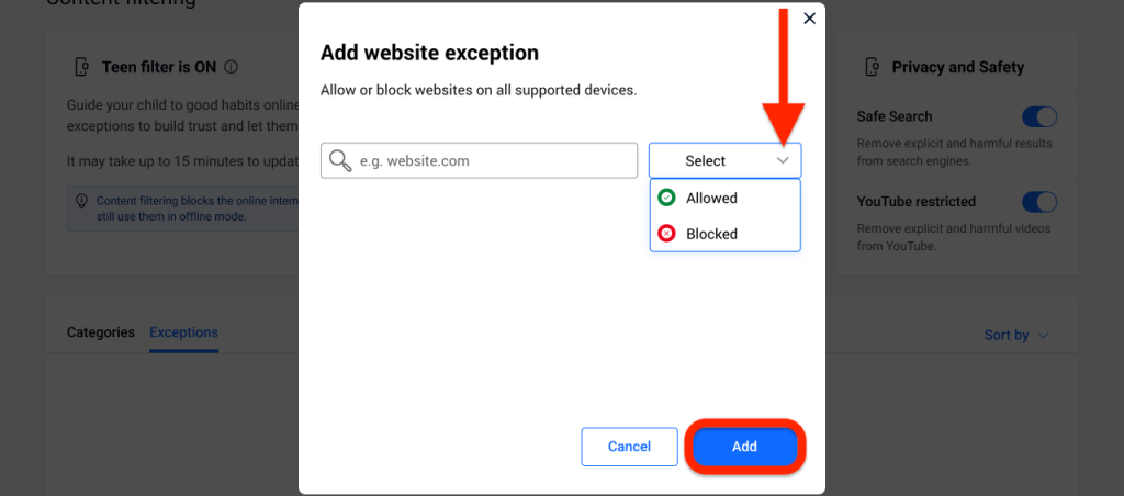 Add website exception